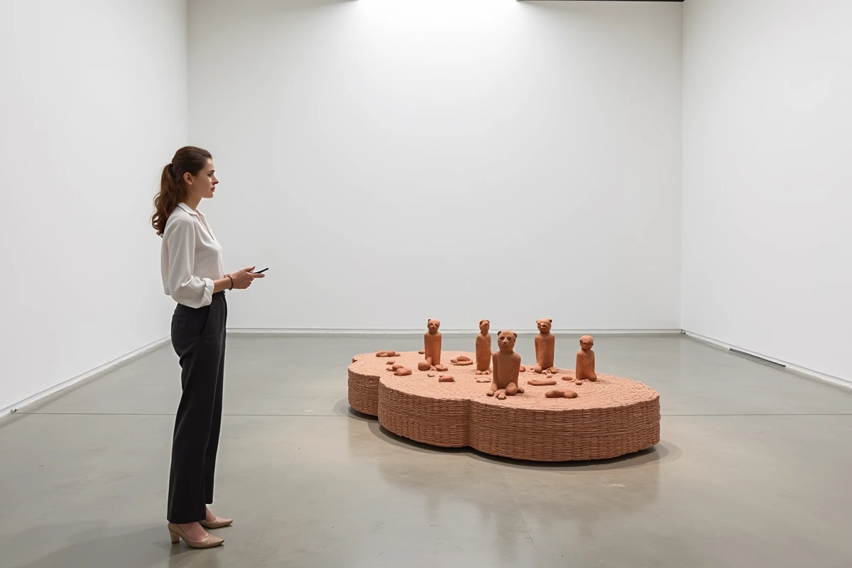 Conservatrice de musée observant une sculpture contemporaine en céramique inspirée de la déesse Gaïa dans une galerie d'art moderne aux murs blancs