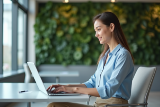 Jeune femme en blouse bleue analyse des statistiques web
