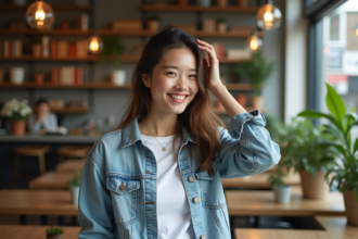 Jeune femme souriante dans un café urbain cosy