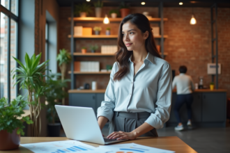 Jeune femme en coworking avec ordinateur et graphiques