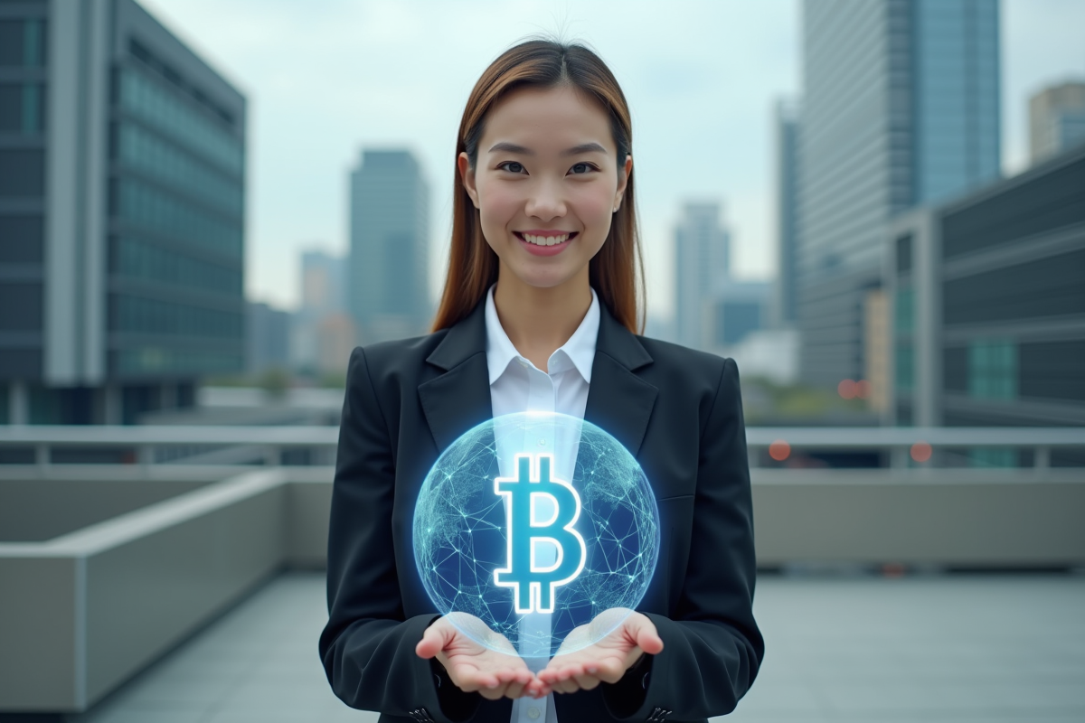 Jeune entrepreneure tenant une sphère blockchain holographique en extérieur