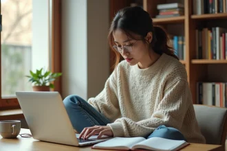 Jeune femme lisant manga sur son ordinateur dans un appartement lumineux