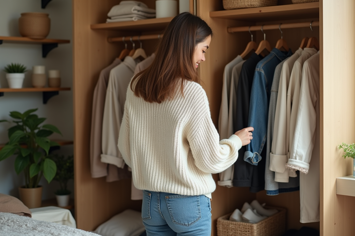 Jeune femme dans une chambre organisée en mode durable