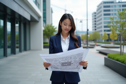 Jeune femme en costume navy étudiant un plan urbain