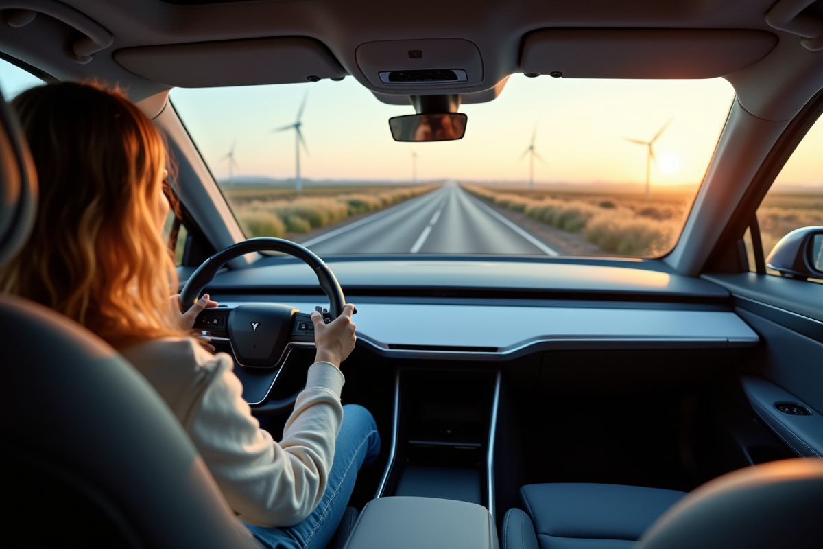 Jeune femme dans une voiture électrique autonome en campagne