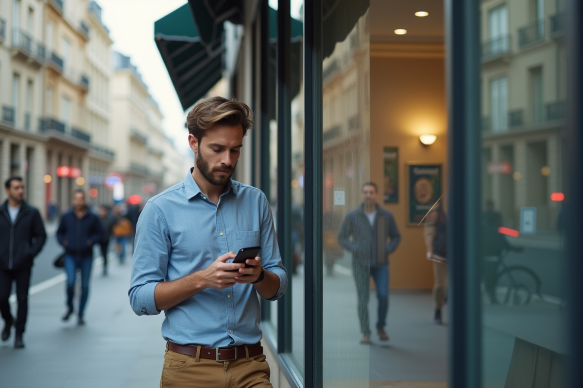 Jeune homme regardant son smartphone devant une banque moderne