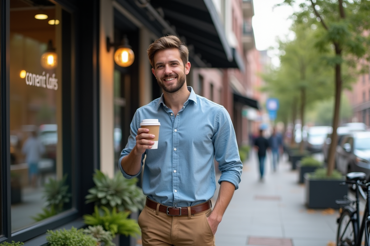 Jeune homme parlant au téléphone devant un café dynamique