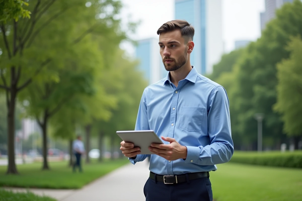 Jeune homme en discussion dans un parc urbain