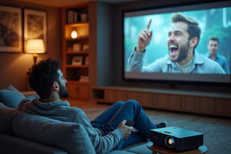 Jeune homme utilisant un projecteur LED dans un salon cosy