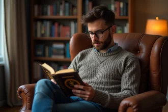 Jeune homme lisant un roman Warhammer dans un fauteuil en intérieur