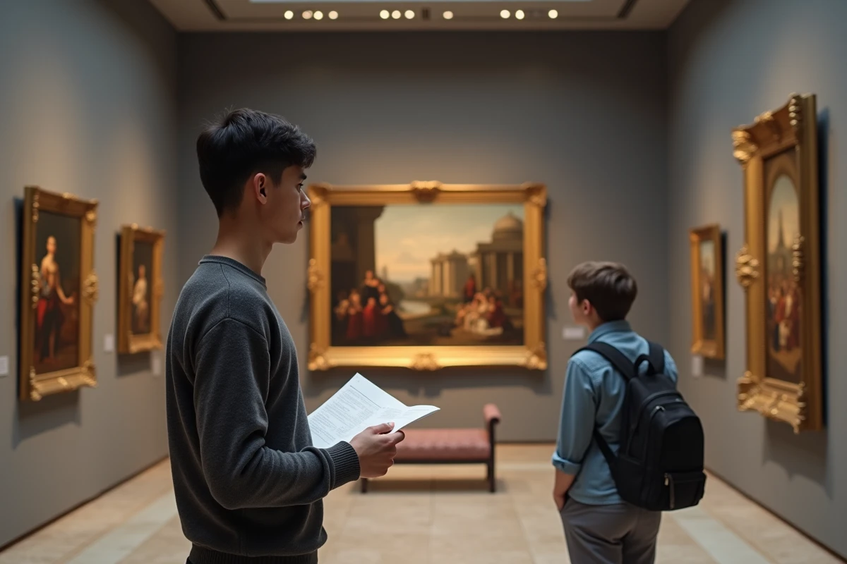 Jeune homme étudiant une peinture dans un musée calme