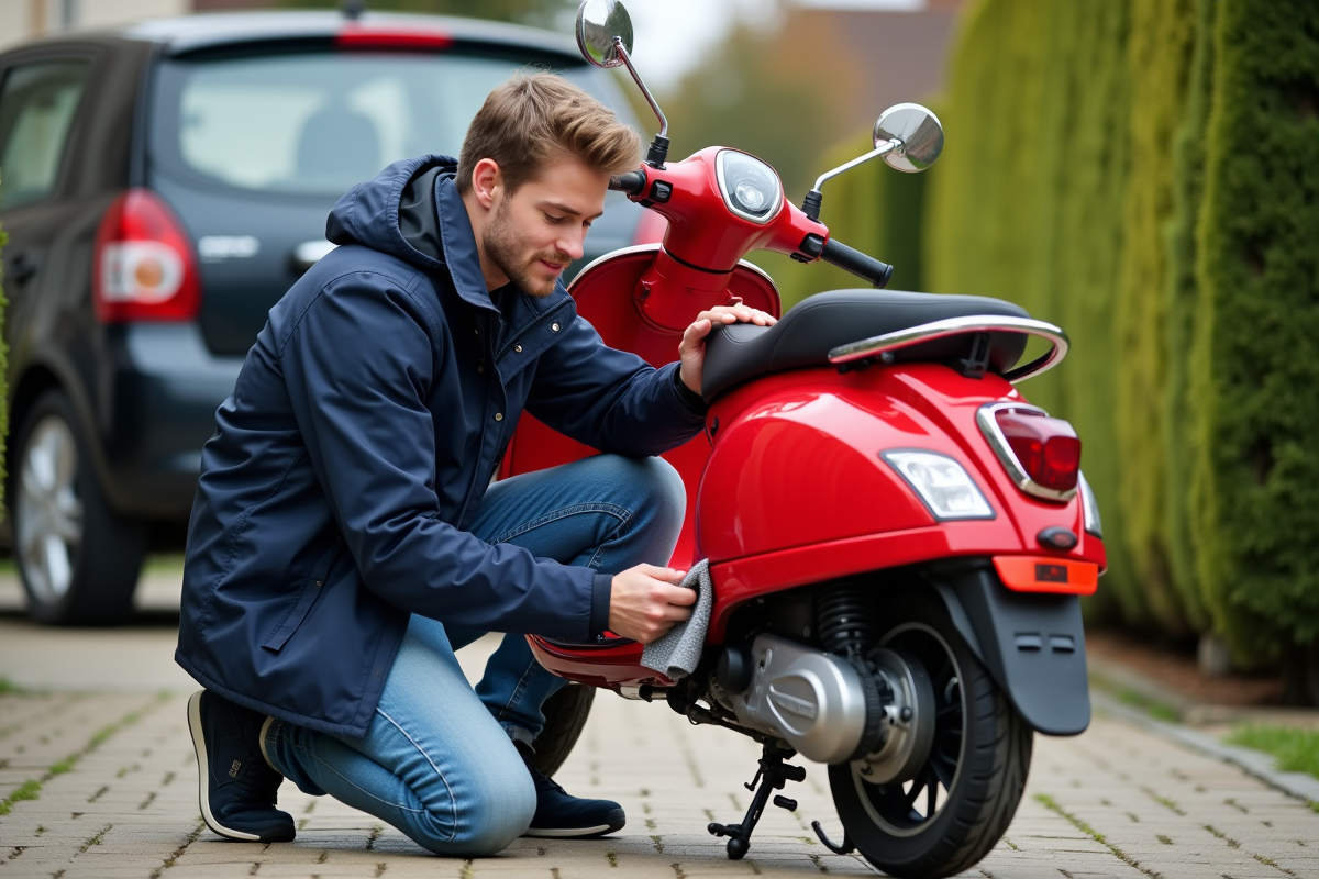 Jeune homme nettoyant un scooter rouge dans la cour