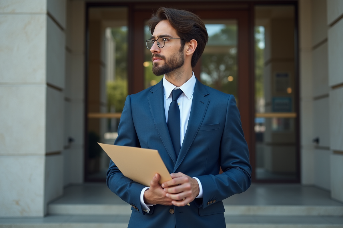 Jeune professionnel tenant une enveloppe devant un tribunal moderne