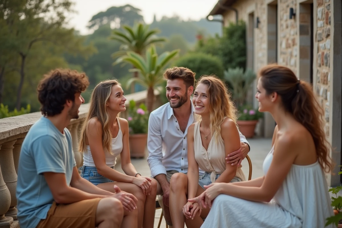 Groupe de jeunes discutant sur une terrasse en été