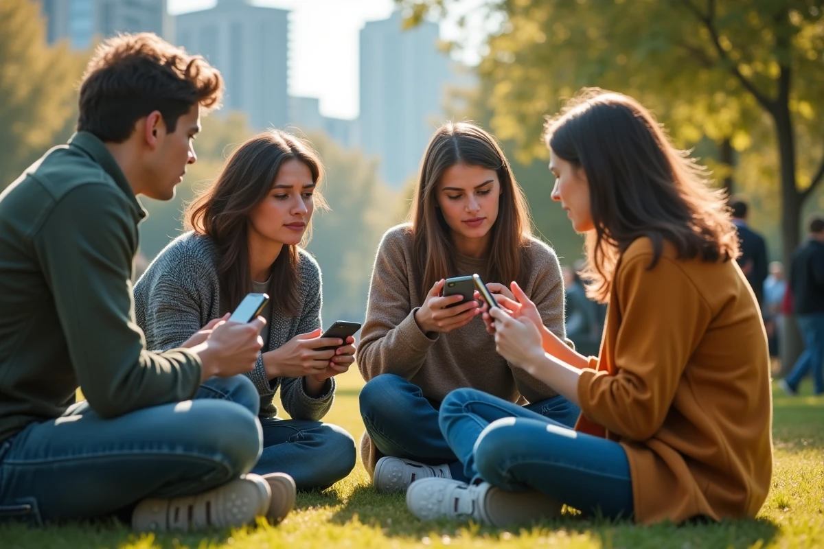 Groupe de jeunes discutant dans un parc urbain ensoleille