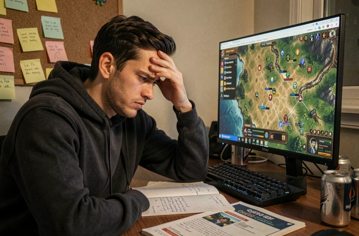 Joueur frustré devant son écran affichant une carte de quête MMORPG avec des notes manuscrites éparpillées sur le bureau
