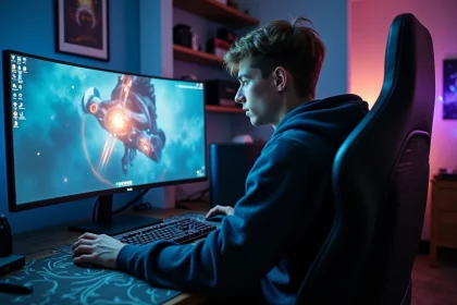 Jeune joueur concentré devant son écran de PC gaming jouant à League of Legends dans son bureau à domicile
