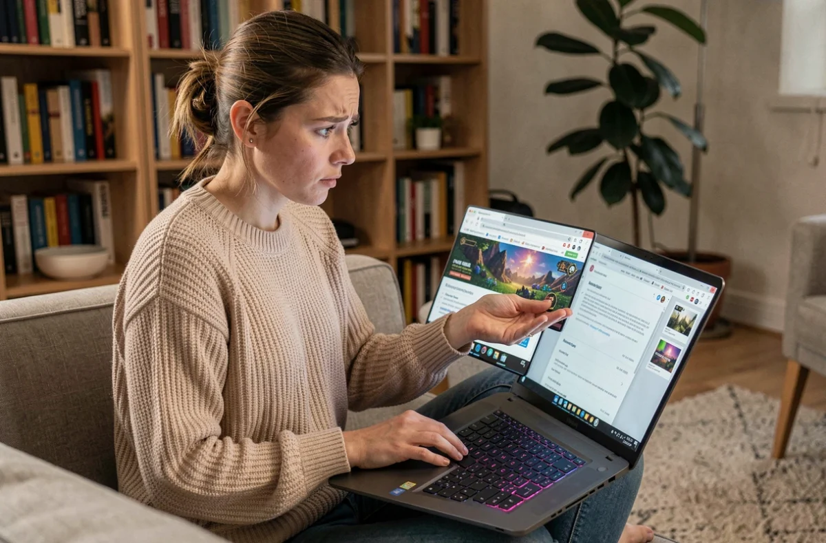 Joueuse confuse consultant des guides de quêtes sur un laptop depuis son canapé, cherchant à éviter les erreurs fréquentes