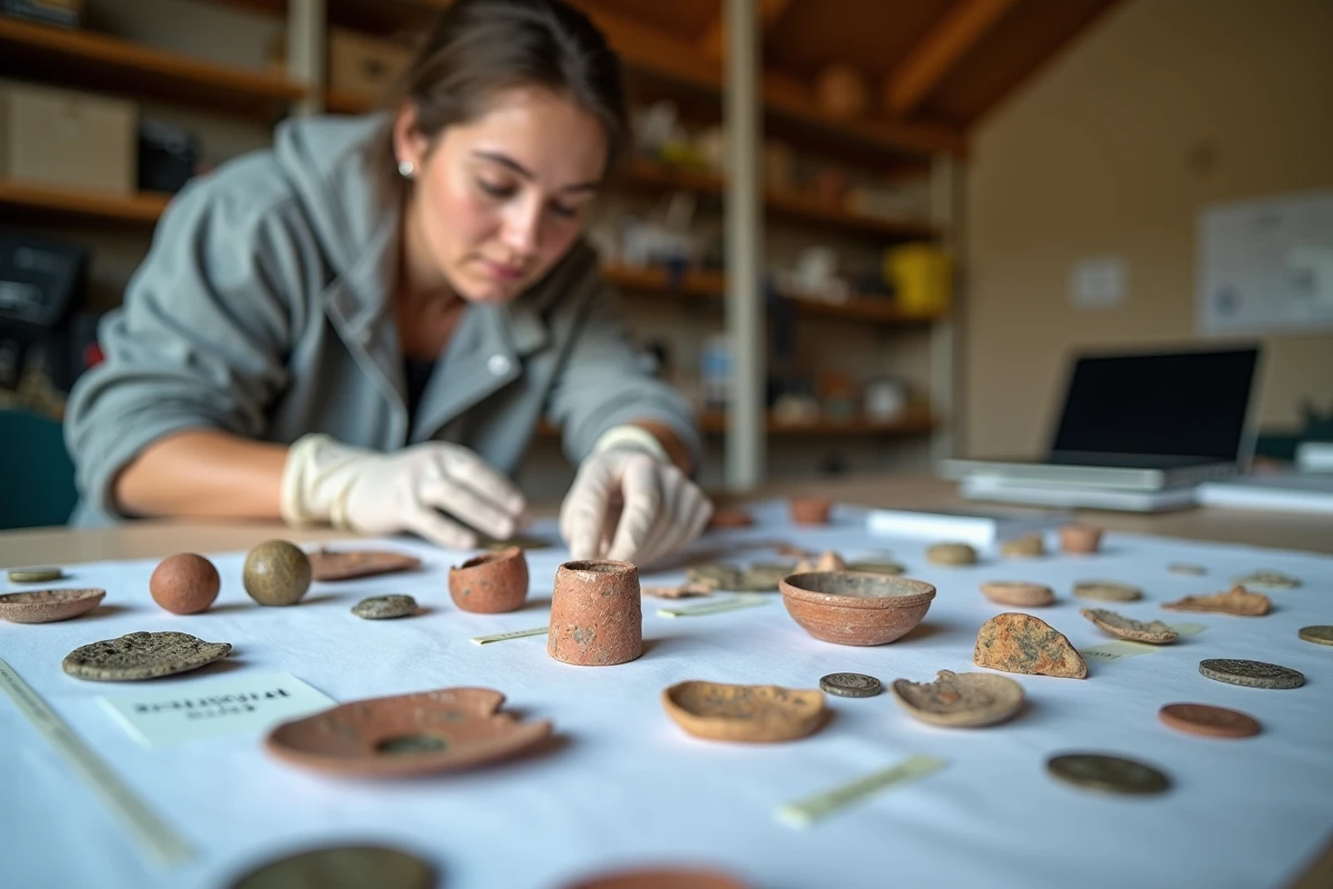 Chercheure en laboratoire de terrain examinant des artefacts romains issus des fouilles du site d'Alésia, avec céramiques et monnaies étiquetées