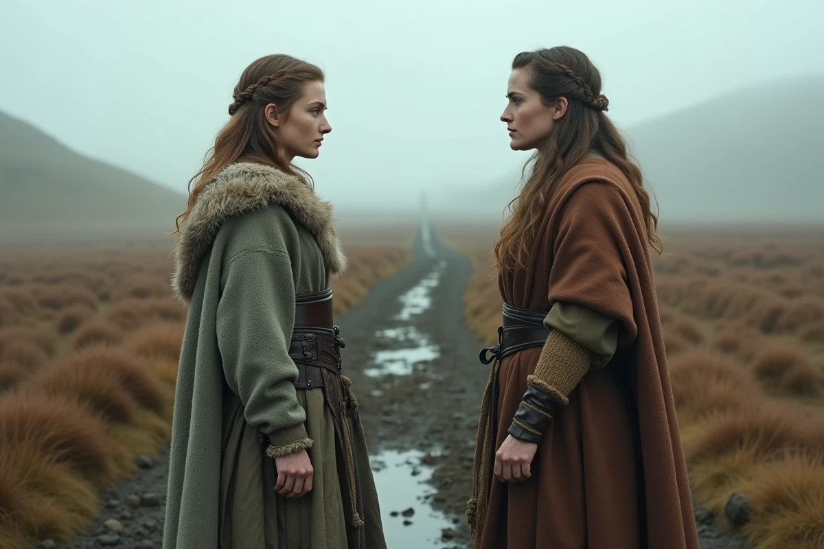 Deux femmes vikings en costume d'époque dans un paysage nordique brumeux, illustrant la rivalité et le contraste entre Lagertha et Aslaug dans la vie de Ragnar Lothbrok