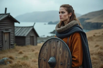 Guerrière viking en costume d'époque devant un village nordique côtier, incarnant le personnage de Lagertha de la série Vikings