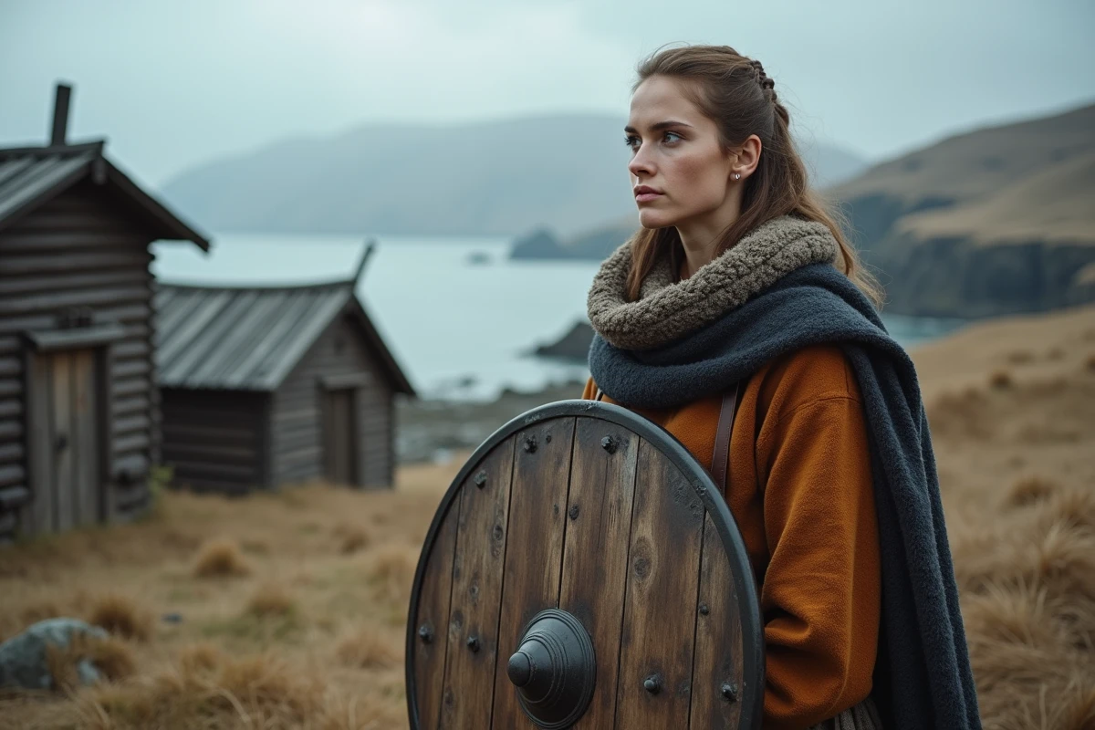 Guerrière viking en costume d'époque devant un village nordique côtier, incarnant le personnage de Lagertha de la série Vikings
