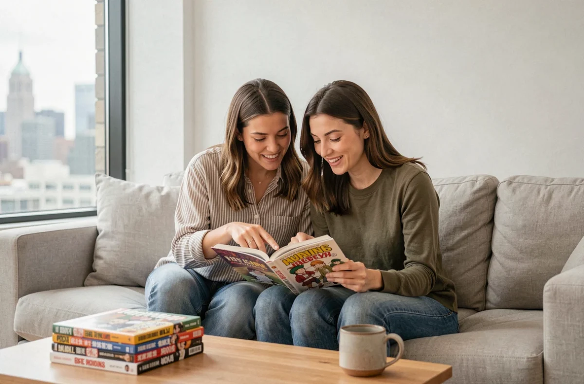 Deux femmes lisant ensemble un volume de manga BL dans un salon moderne et lumineux