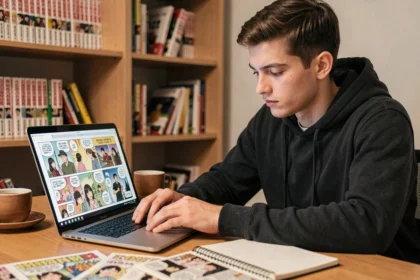 Jeune homme lisant des scans de manga en français sur son ordinateur portable dans un bureau à domicile entouré de volumes manga