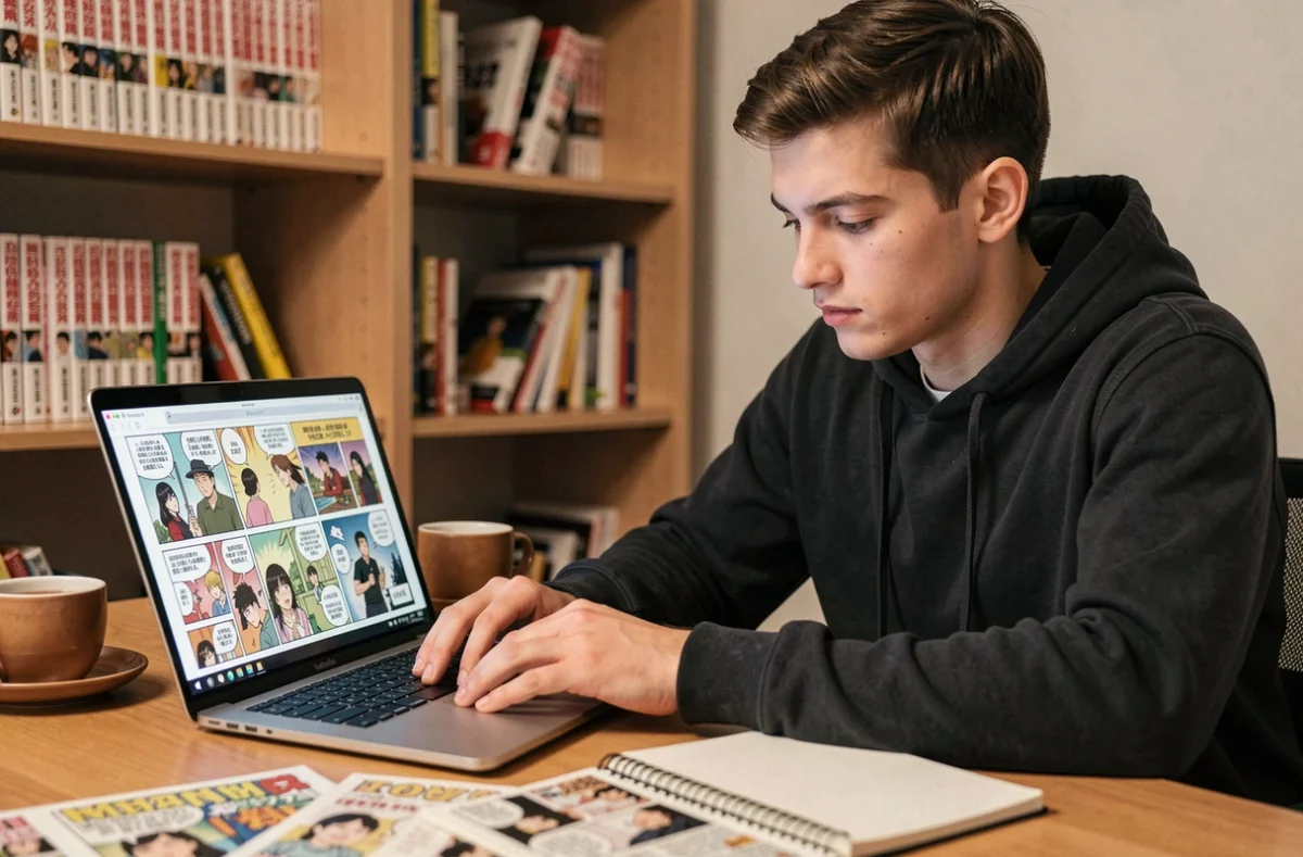 Jeune homme lisant des scans de manga en français sur son ordinateur portable dans un bureau à domicile entouré de volumes manga