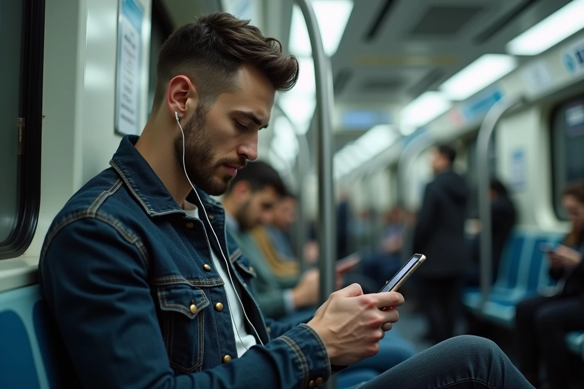 Homme lisant un scan de webtoon en VF sur son smartphone dans les transports en commun urbains