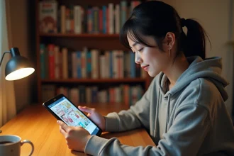 Jeune femme lisant un webtoon en français sur une tablette numérique dans un bureau confortable entouré de mangas