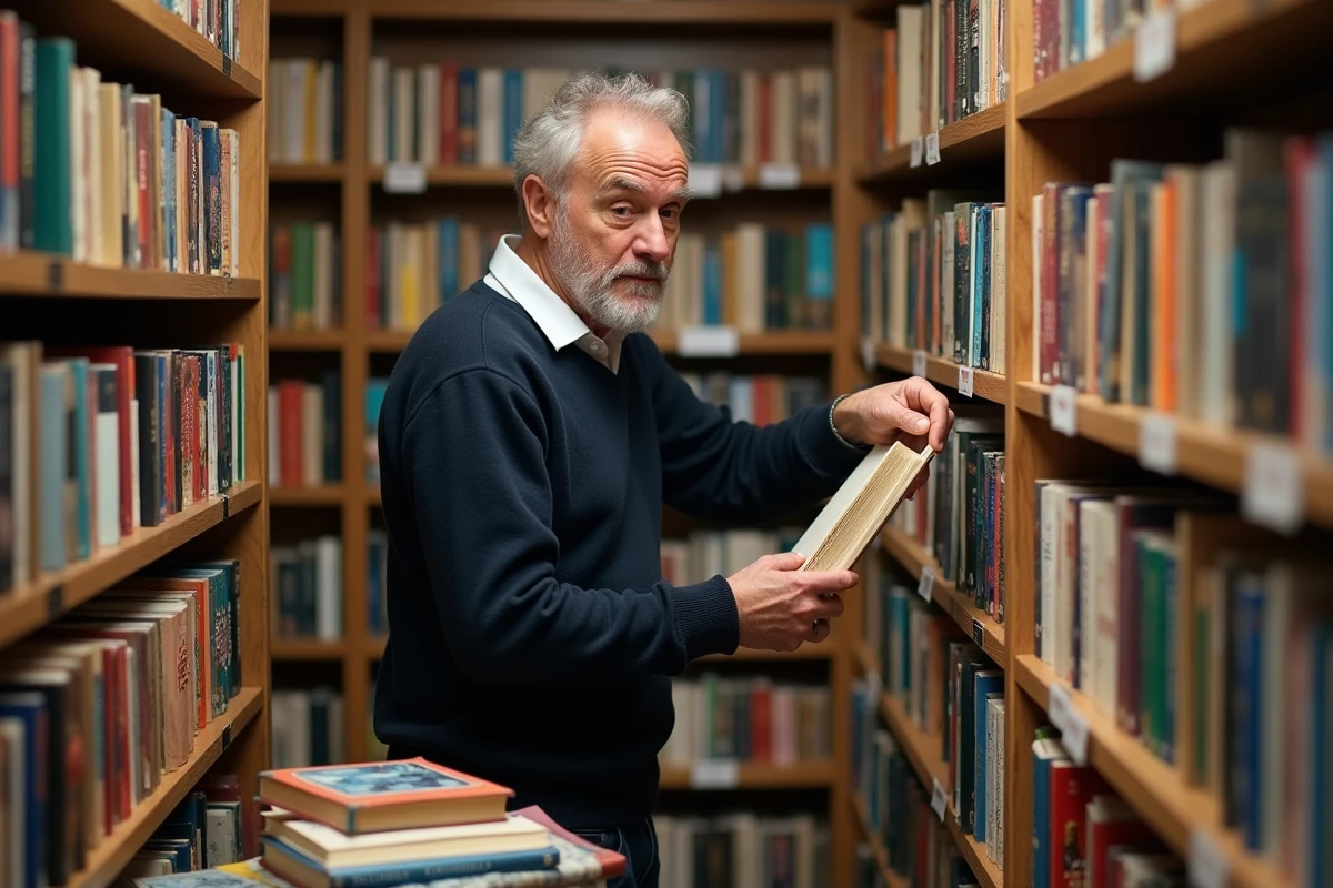 Homme tenant un livre dans une librairie indépendante aux rayonnages en bois chargés de titres littéraires