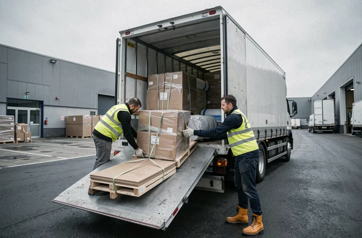 Équipe Lotraf SARL chargeant un camion de transport longue distance dans une zone industrielle