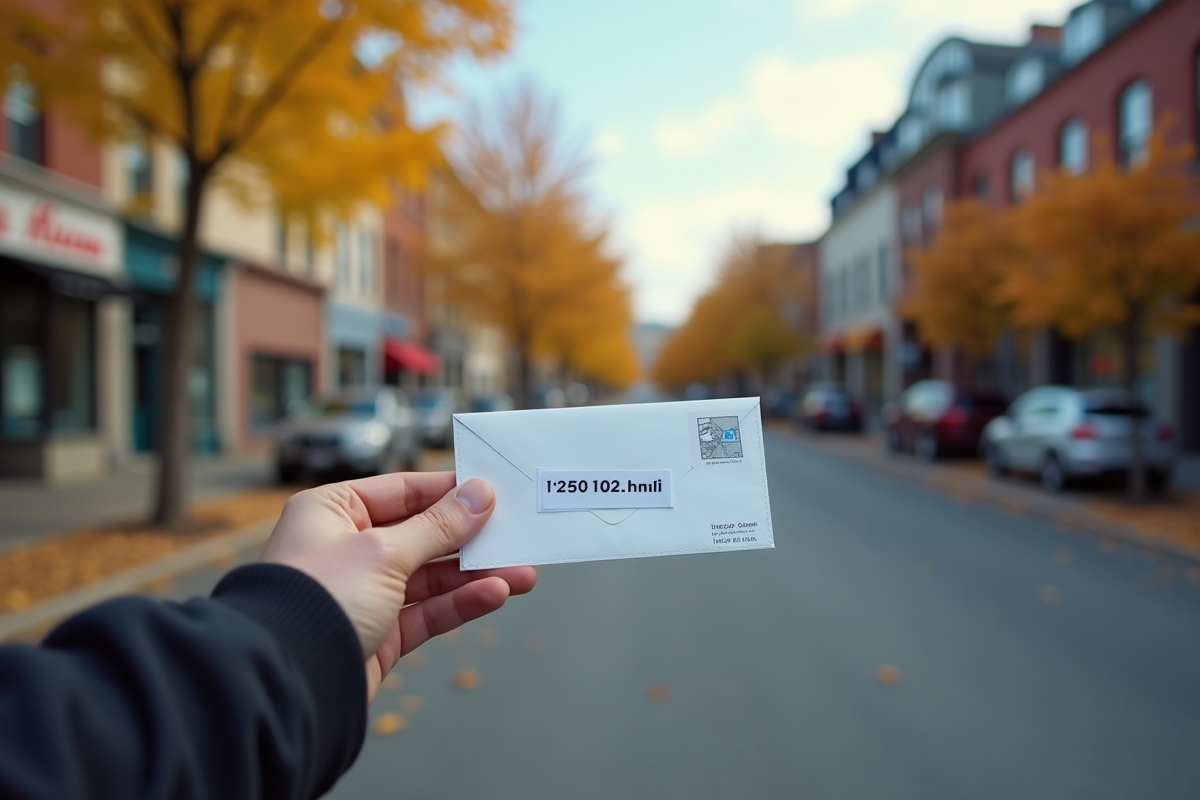Main tenant une enveloppe avec code postal dans une rue Quebec