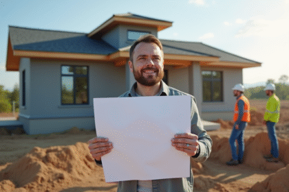 Propriétaire frustré tenant un document devant une maison en construction