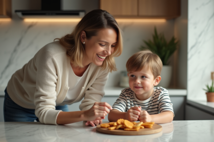 Maman et son enfant dans la cuisine chaleureuse