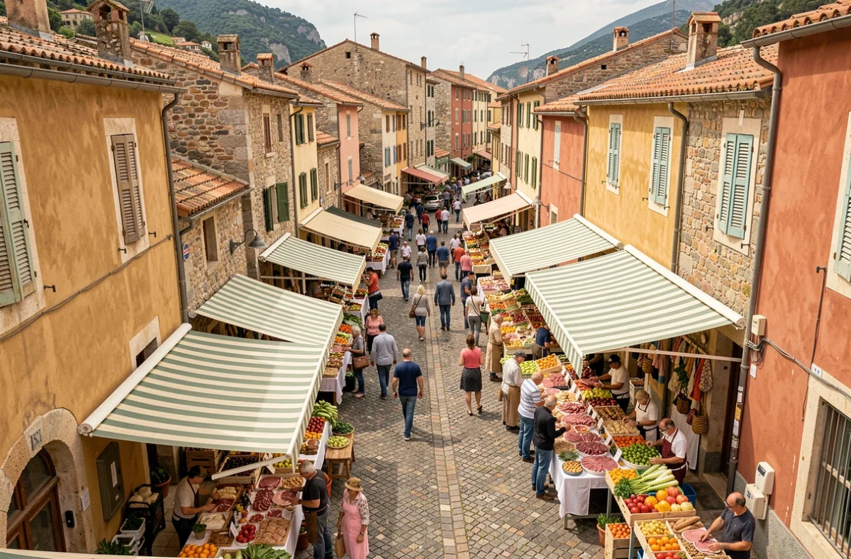 Marché de village corse avec commerces locaux illustrant le tissu commercial traditionnel de l'île sans Lidl