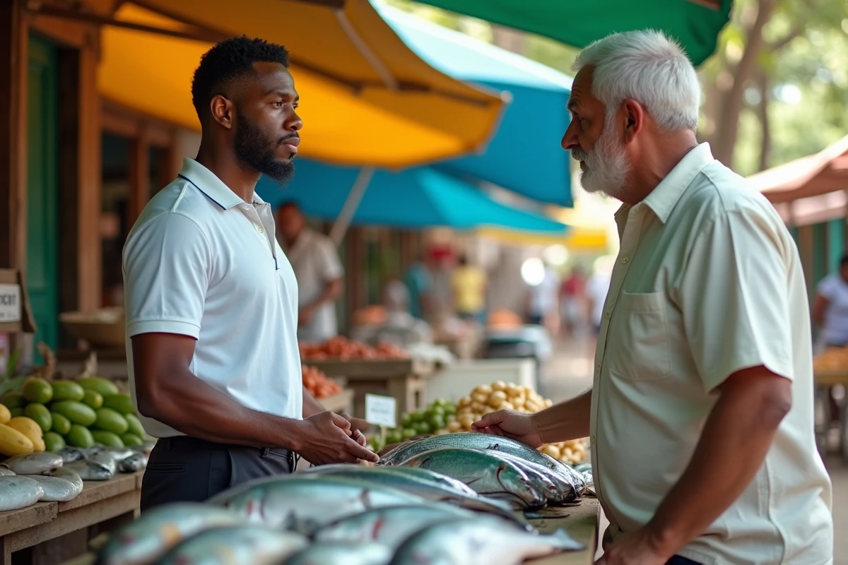 Vendeur guadeloupéen discutant avec un client sur un marché local, devant un étal de poissons avec des stocks réduits à cause des sargasses
