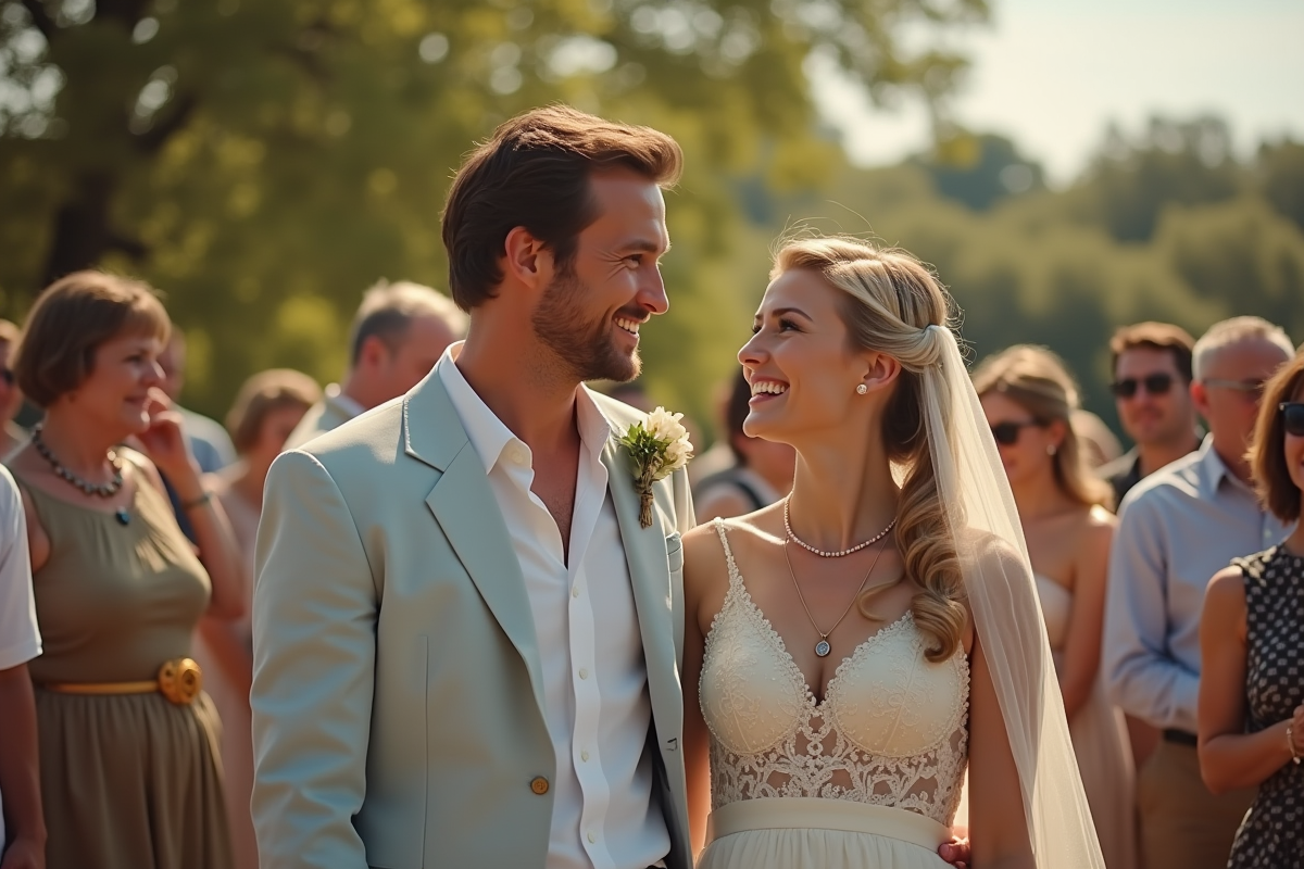 Couple de mariage joyeux des années 70 en extérieur