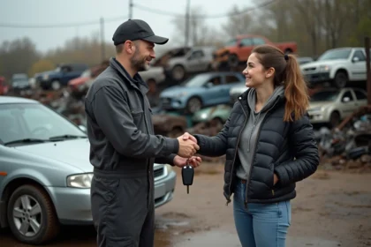 Mécanicien homme remet les clés à une jeune femme souriante