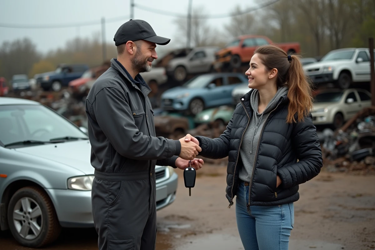 Mécanicien homme remet les clés à une jeune femme souriante