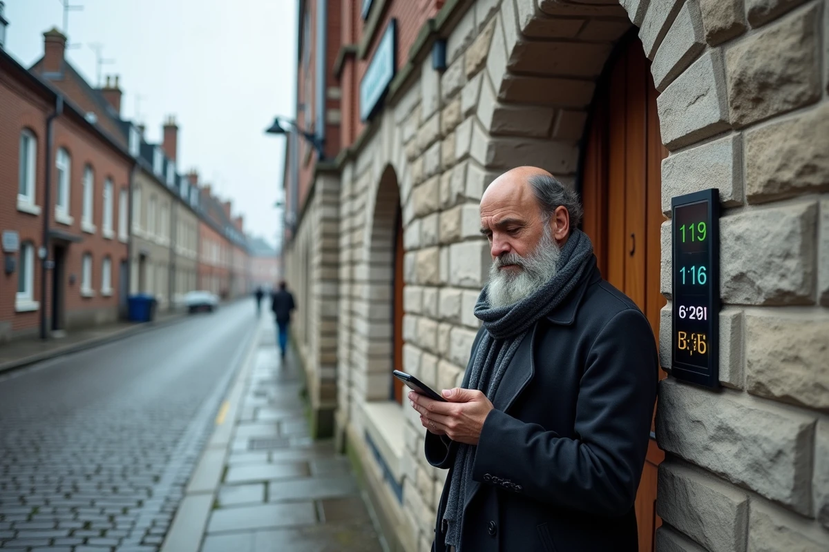 Entrée d'une mosquée dans le nord de la France avec affichage des horaires de prières et fidèle consultant son téléphone