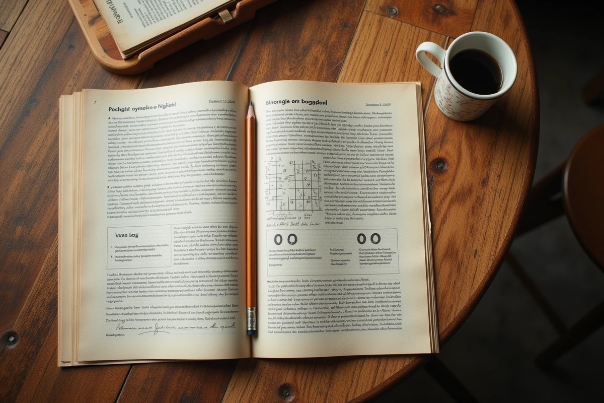Mots croisés en serbe avec cases remplies de lettres posé sur une table en bois dans un café, représentant les villes de Serbie en 3 lettres