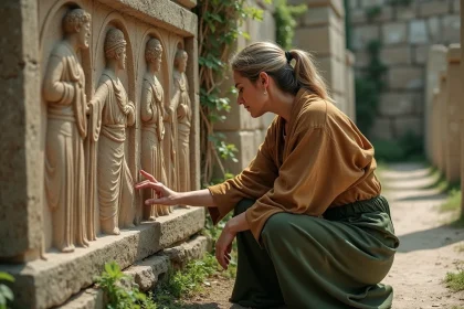 Femme en tenue de lin terreux explorant un bas-relief grec ancien représentant Gaïa sur un site archéologique envahi par la végétation