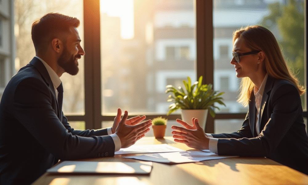 Deux professionnels en négociation dans un bureau lumineux