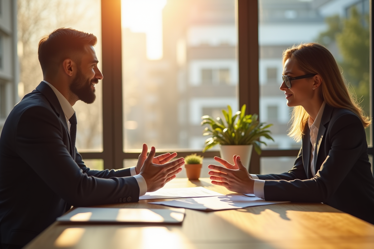 Deux professionnels en négociation dans un bureau lumineux