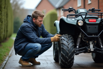 Homme nettoyant la chaîne d'un quad 125cc en extérieur