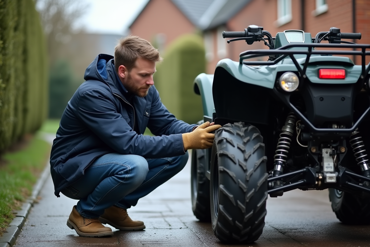 Homme nettoyant la chaîne d'un quad 125cc en extérieur
