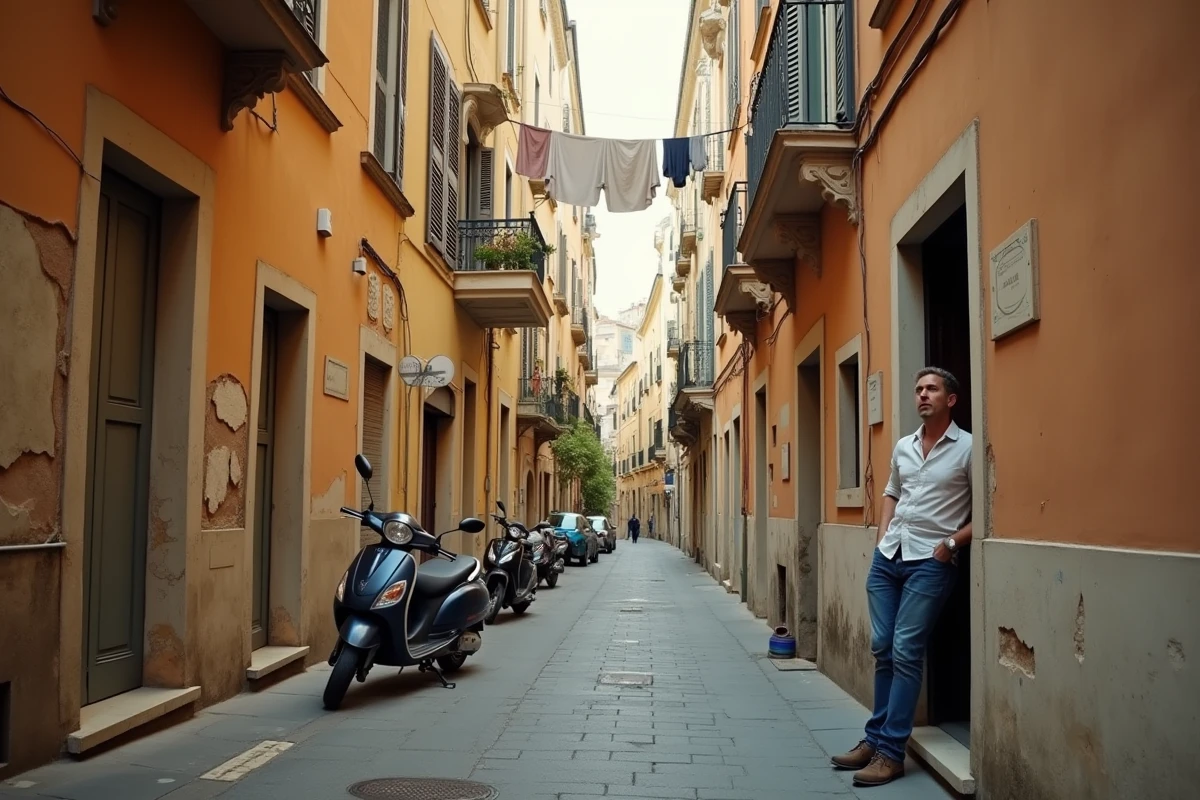 Ruelle populaire de Nice avec ses façades italiennes en ocre et stuc écaillé, loin des zones touristiques
