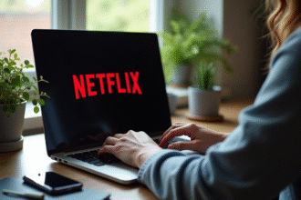Ordinateur portable affichant le logo Netflix dans un bureau moderne